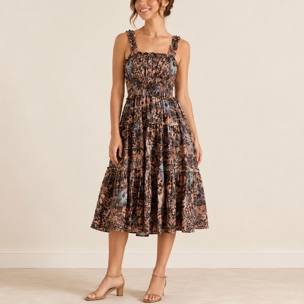 Ulla Johnson Annisa Midi Dress 4 Floral Smocked Tiered Ruffle Boho